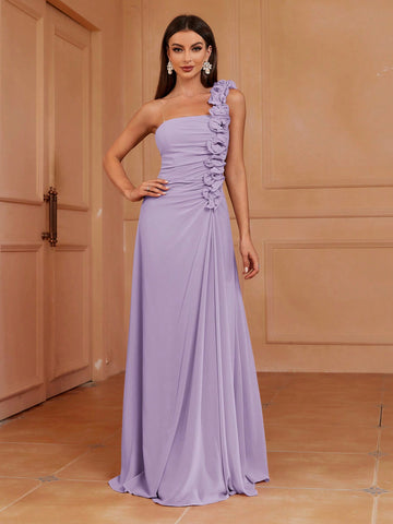 One Shoulder A-Line Bridesmaid Dress With 3d Pleats, Ruffles & Lace Trim (Adult)
