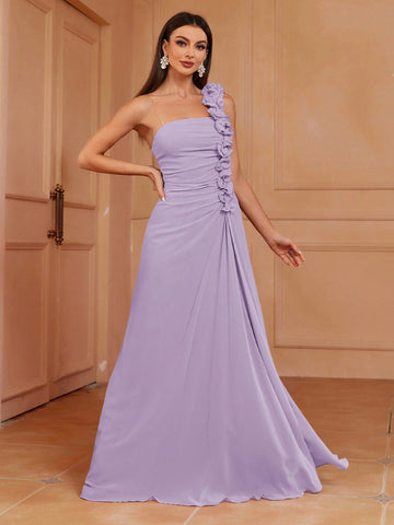 One Shoulder A-Line Bridesmaid Dress With 3d Pleats, Ruffles & Lace Trim (Adult)