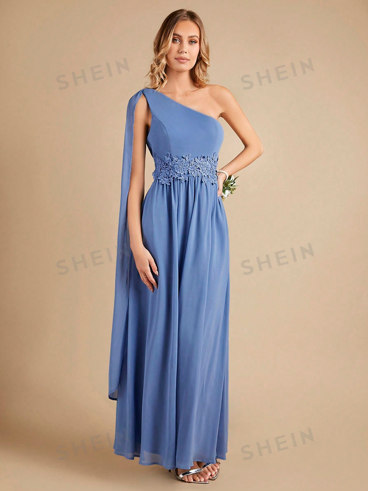 One Shoulder Appliques Detail Bridesmaid Dress