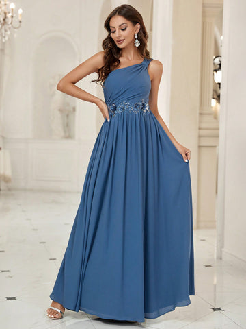 One Shoulder Appliques Detail Bridesmaid Dress