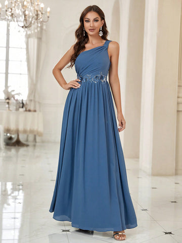 One Shoulder Appliques Detail Bridesmaid Dress