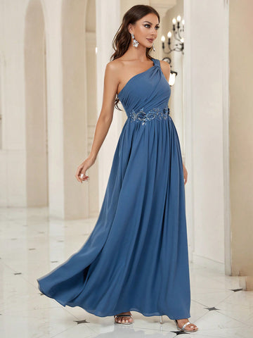 One Shoulder Appliques Detail Bridesmaid Dress