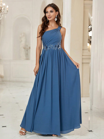 One Shoulder Appliques Detail Bridesmaid Dress