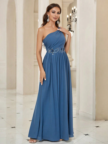 One Shoulder Appliques Detail Bridesmaid Dress