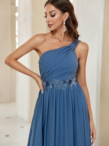 One Shoulder Appliques Detail Bridesmaid Dress