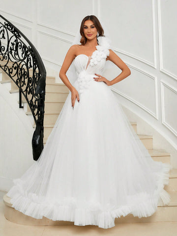 One Shoulder Appliques Mesh Overlay Wedding Dress