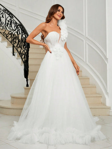 One Shoulder Appliques Mesh Overlay Wedding Dress