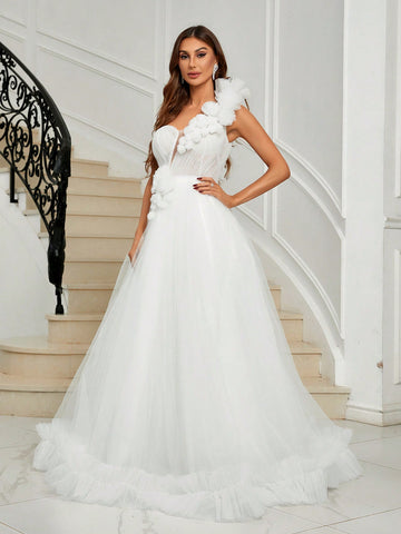 One Shoulder Appliques Mesh Overlay Wedding Dress