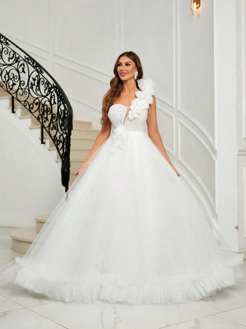 One Shoulder Appliques Mesh Overlay Wedding Dress