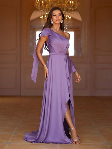 One Shoulder, Asymmetric Design, High Slit Women's Formal Evening Dress
