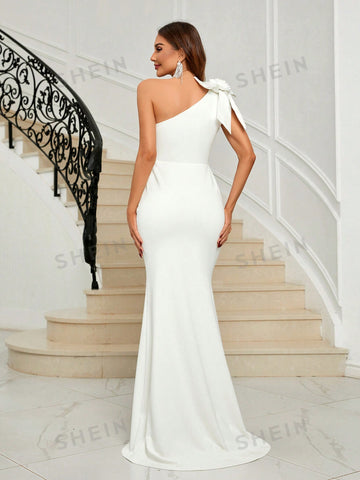 One Shoulder Bow Detail Floor Length Wedding Dress