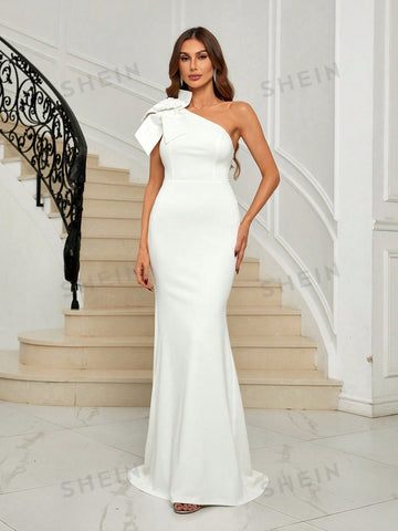 One Shoulder Bow Detail Floor Length Wedding Dress
