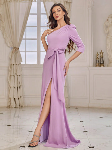 One Shoulder Butterfly Knot Decorated High-slit Mermaid Bridesmaid Dress