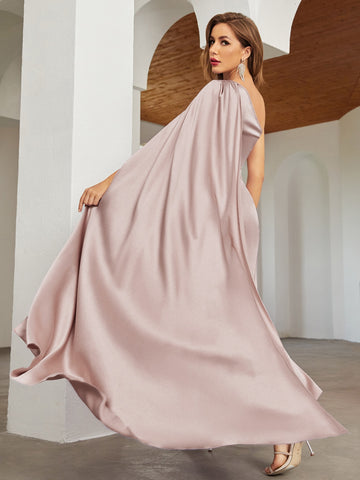One Shoulder Cloak Sleeve Wrap Hem Solid Bridesmaid Dress