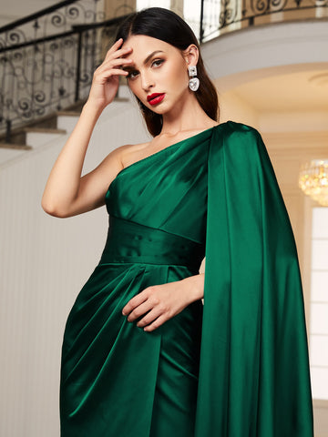 One Shoulder Cloak Sleeve Wrap Hem Solid Dress