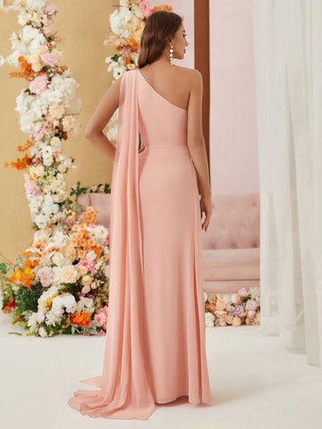 One Shoulder Draped Sequin Chiffon Bridesmaid Dress With Slit