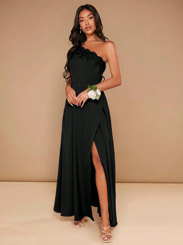 One Shoulder Embroidery Detail Split Thigh Dress