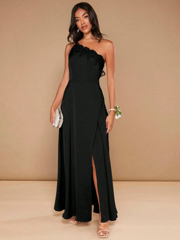 One Shoulder Embroidery Detail Split Thigh Dress