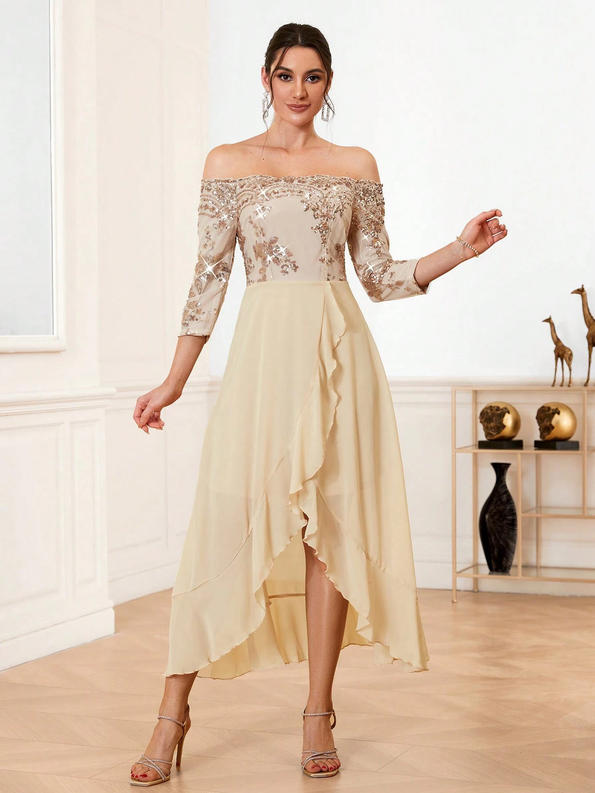 One Shoulder Glitter Mesh & Ruffle Trimmed Bridesmaid Dress