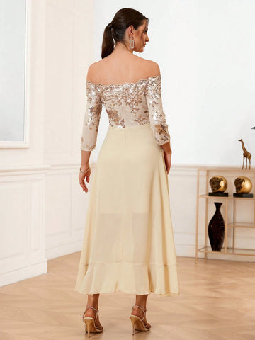 One Shoulder Glitter Mesh & Ruffle Trimmed Bridesmaid Dress