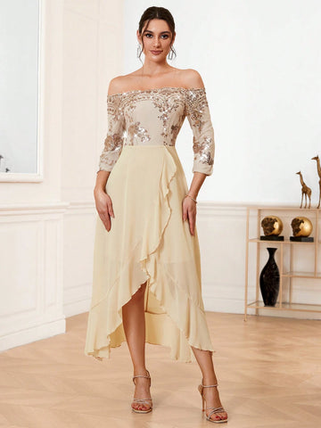 One Shoulder Glitter Mesh & Ruffle Trimmed Bridesmaid Dress