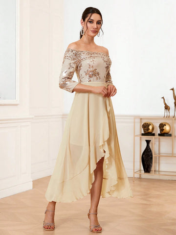 One Shoulder Glitter Mesh & Ruffle Trimmed Bridesmaid Dress