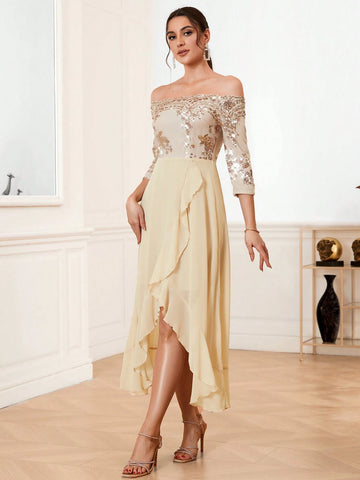 One Shoulder Glitter Mesh & Ruffle Trimmed Bridesmaid Dress