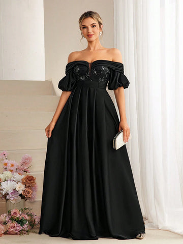 One Shoulder Glitter Splicing Waist Slimming Bridesmaid Dress