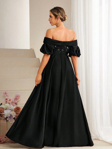 One Shoulder Glitter Splicing Waist Slimming Bridesmaid Dress