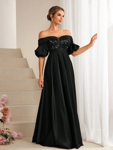 One Shoulder Glitter Splicing Waist Slimming Bridesmaid Dress