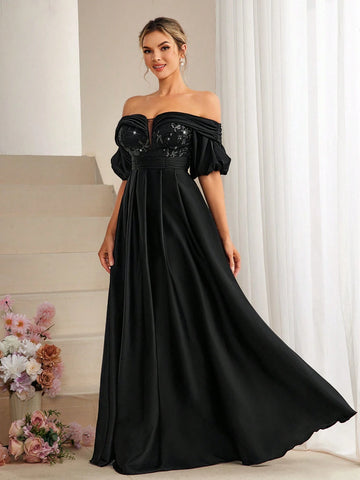 One Shoulder Glitter Splicing Waist Slimming Bridesmaid Dress