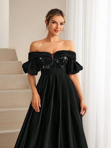 One Shoulder Glitter Splicing Waist Slimming Bridesmaid Dress