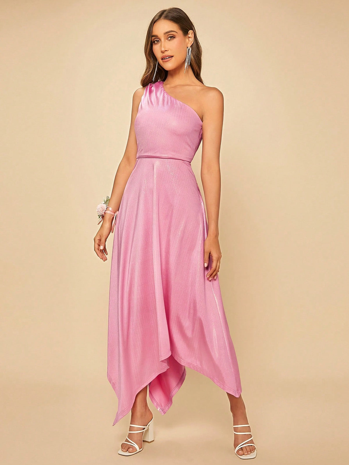 One Shoulder Hanky Hem Metallic Bridesmaid Dress