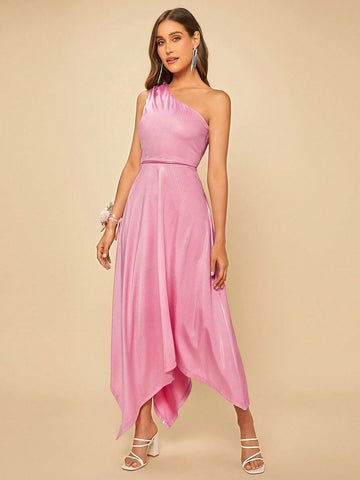 One Shoulder Hanky Hem Metallic Bridesmaid Dress