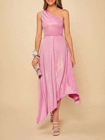 One Shoulder Hanky Hem Metallic Bridesmaid Dress