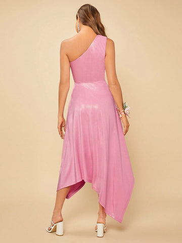 One Shoulder Hanky Hem Metallic Bridesmaid Dress