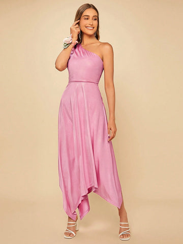 One Shoulder Hanky Hem Metallic Bridesmaid Dress