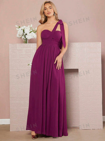 One Shoulder Knot Detail Chiffon Bridesmaid Dress