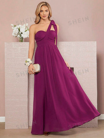 One Shoulder Knot Detail Chiffon Bridesmaid Dress