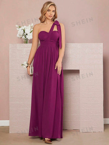 One Shoulder Knot Detail Chiffon Bridesmaid Dress