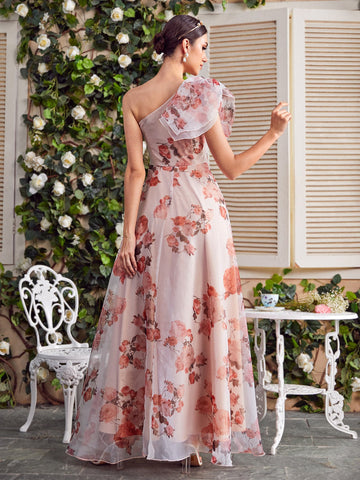 One Shoulder Knot Side Floral Bridesmaid Dress