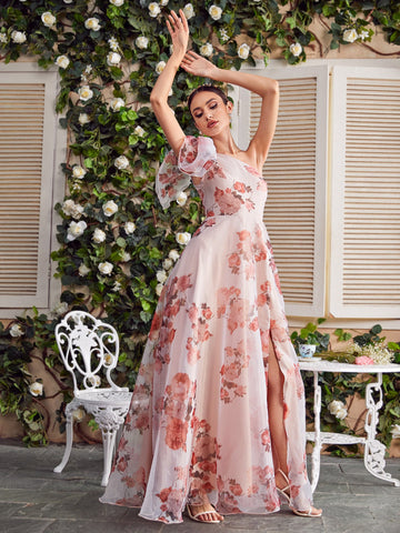One Shoulder Knot Side Floral Bridesmaid Dress