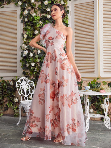 One Shoulder Knot Side Floral Bridesmaid Dress