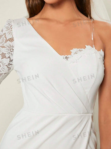One Shoulder Lace Sleeve Wrap Hem Wedding Dress