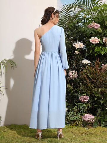 One Shoulder Lantern Sleeve Bridesmaid Dress