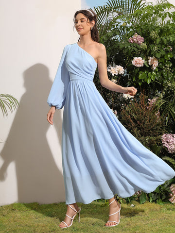One Shoulder Lantern Sleeve Bridesmaid Dress