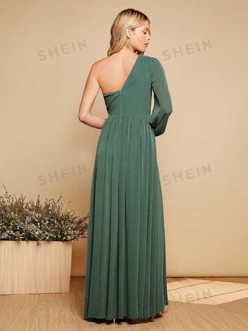 One Shoulder Lantern Sleeve Glitter Bridesmaid Dress