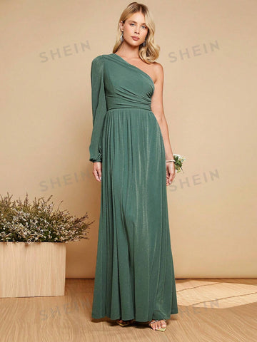 One Shoulder Lantern Sleeve Glitter Bridesmaid Dress