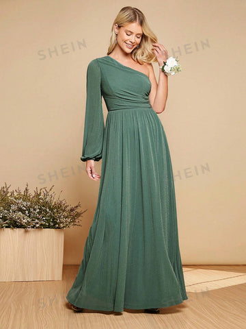 One Shoulder Lantern Sleeve Glitter Bridesmaid Dress