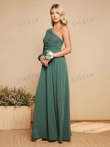 One Shoulder Lantern Sleeve Glitter Bridesmaid Dress